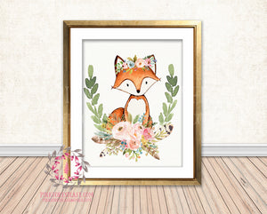 Boho Fox Bohemian Blush Floral Feather Woodland Nursery Baby Girl Room Printable Print Wall Art Decor