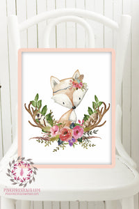 Fox Woodland Boho Printable Print Wall Art Baby Nursery Feather Antlers Watercolor Bohemian Floral Girl Room Decor