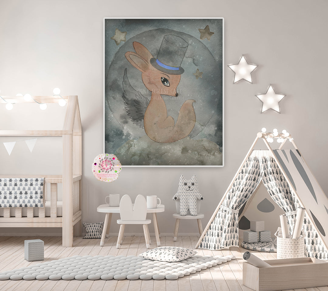 Woodland Fox Ethereal Wall Art Print Watercolor Baby Boy Neutral Nursery Exclusive Printable Monochromatic Decor