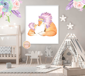 Headdress Feather Tribal Fox Wall Art Print Teepee Baby Girl Nursery Pink Purple Boho Animal Watercolor Printable Decor