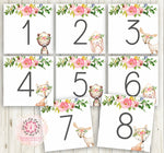 Boho Baby Bridal Shower Table Numbers Sign Party Deer Fox Bunny Bear 1st First One Year Old Woodland Watercolor Floral Rustic 5x5 Printable Decor