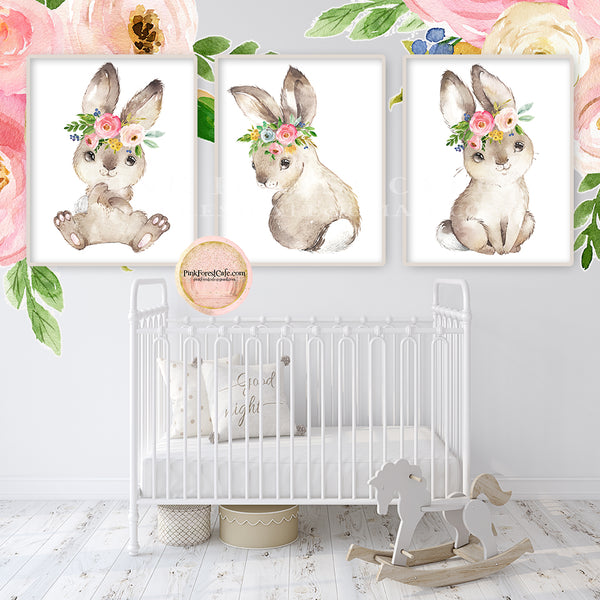 3 Boho Bunny Rabbit Wall Art Print Woodland Nursery Baby Girl Room Flo ...