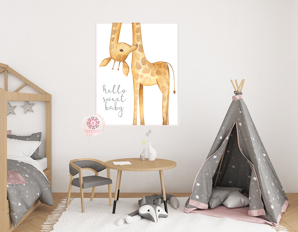Giraffe Nursery Wall Art Print Hello Baby Ethereal Whimsical Bohemian Floral Zoo Safari Animal Printable Decor