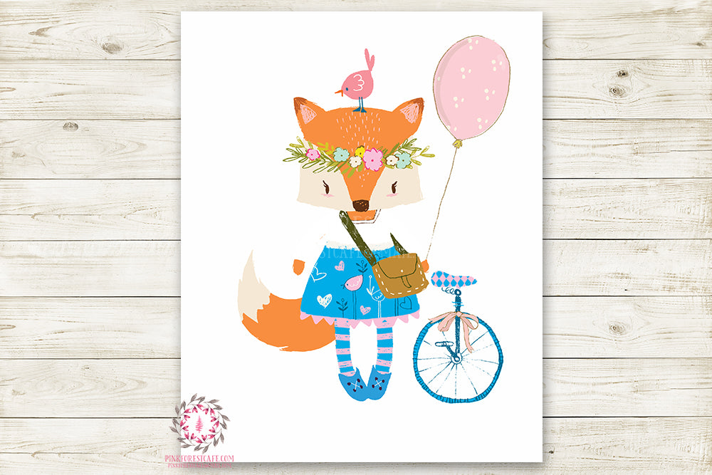 Boho Girl Fox Balloon Bike Wall Art Print Woodland Baby Nursery Printable Watercolor Decor