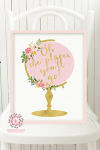 Boho Globe Nursery Wall Art Print Decor Oh The Places You'll Go Watercolor Flowers Floral Bohemian Baby Girl Room Kids Bedroom
