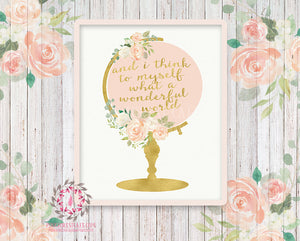 Wedding Globe Nursery Boho Shabby Chic Wall Art Print And I Think To Myself What A Wonderful World Blush Gold Watercolor Flowers Floral Bohemian Baby Girl Room Kids Bedroom Decor