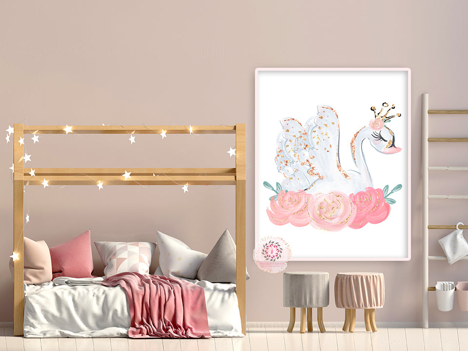 Boho Swan Baby Girl Nursery Wall Art Print Ethereal Pink Gold Crown Wh ...