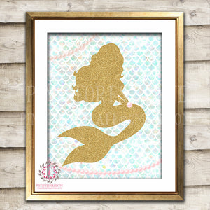 Mermaid Nautical Baby Girl Room Printable Wall Art Prints Nursery Decor Pink Gold Pearl Print