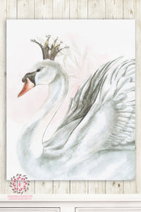 Boho Swan Monochrome Nursery Wall Art Print Baby Girl Ethereal "Miss Grace" Black Crown Watercolor Printable Decor
