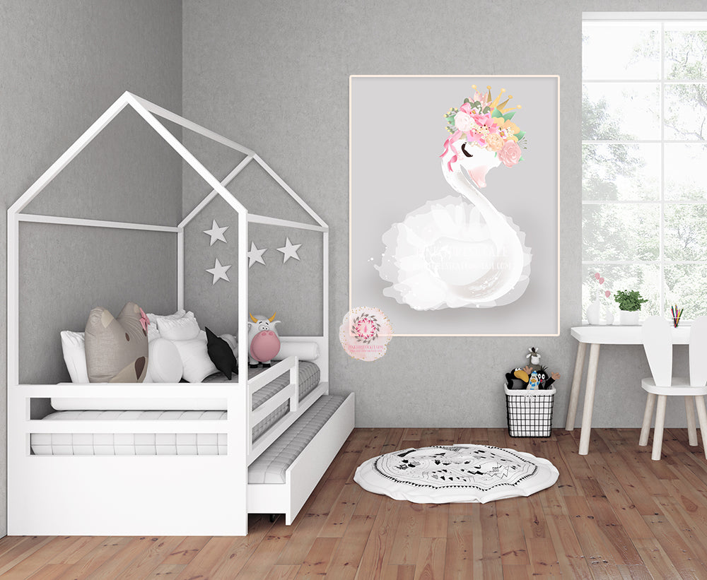 Boho Swan Baby Girl Nursery Wall Art Print Ethereal Pink Gold Peonies ...