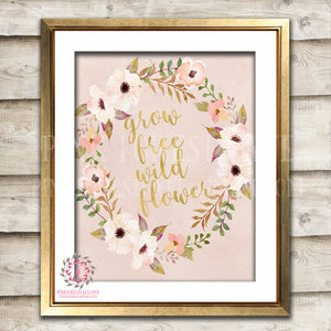 Grow Free Wild Flower Wildflower Printable Wall Art Print Baby Girl Boho Nursery Gold Blush Room Watercolor Floral Decor