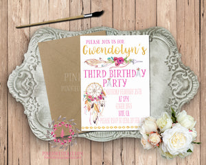 Dreamcatcher Arrow Teepee Tribal Theme Baby Bridal Shower Birthday Party Printable Invitation Invite