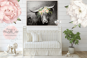 Boho Highland Cow Wall Art Print Scottish Farm Blush Nursery Baby Girl Room Printable Decor