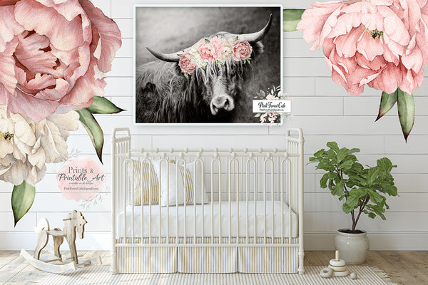 Boho Highland Cow Wall Art Print Scottish Farm Blush Nursery Baby Girl Room Printable Decor