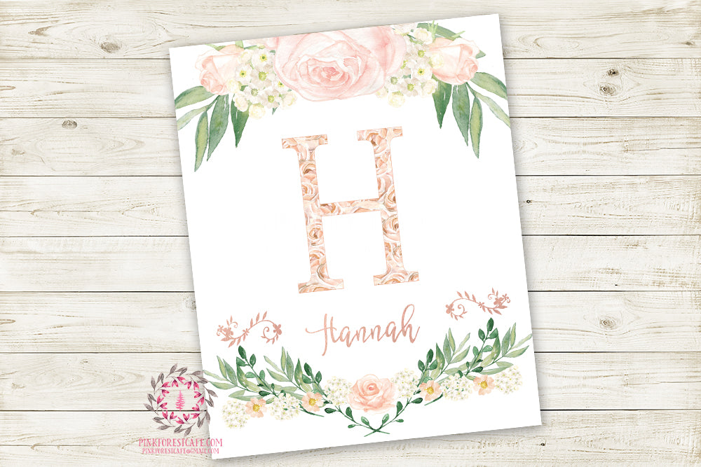 Boho Monogram Initial Personalized Wall Art Print Baby Name Watercolor Floral Shabby Chic Baby Nursery Printable Decor