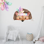 Boho Hedgehog Rainbow Feather Headdress Wall Decal Sticker Baby Girl Nursery Art Decor
