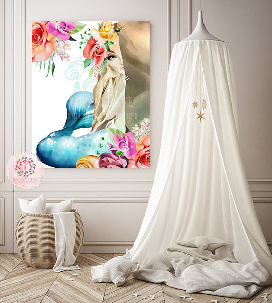 Mermaid Baby Girl Nursery Wall Art Print Ethereal Under The Sea Whimsical Bohemian Floral Printable Decor