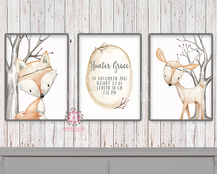 3 Deer Fox Personalized Baby Name Birth Stats Wall Art Print Woodland Boho Nursery Room Set Lot Prints Printable Decor