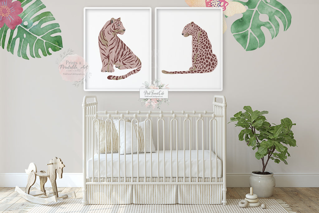 2 Boho Tropical Tiger Leopard Wall Art Print Mauve Nursery Zoo Baby Girl Room Safari Printable Decor