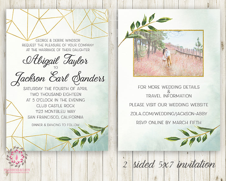 Wedding Greenery Geometric Wedding Invite Invitation Gold Green Leaves 2 Sided Watercolor Bridal Shower Save The Date Announcement Printable