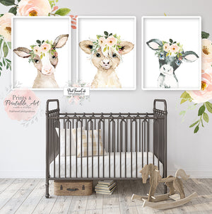 3 Boho Cow Wall Art Print Farm Nursery Baby Room Blush Floral Bohemian Watercolor Printable Decor