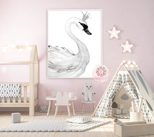 Silver Crown Boho Swan Wall Art Print Watercolor Baby Girl Nursery Ethereal Whimsical Printable Decor