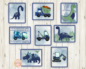 8 Dinosaur Construction Truck Wall Art Print Boy Nursery Room Set Prints Printable Navy Green Decor