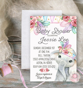 Boho Elephant Invite Invitation Baby Shower Feather Floral Watercolor Birth Announcement Printable