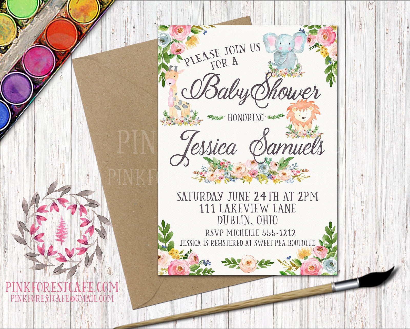 Zoo Animal Boho Baby Shower Birthday Party Invitation Announcement Elephant Giraffe Lion Invite Watercolor Floral Printable