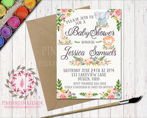 Zoo Animal Boho Baby Shower Birthday Party Invitation Announcement Elephant Giraffe Lion Invite Watercolor Floral Printable