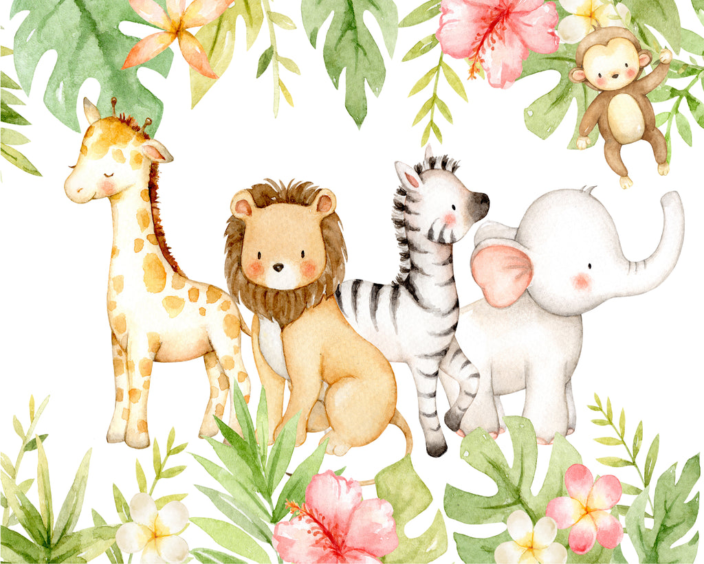 Monkey Elephant Giraffe Lion Wall Art Print Zoo Nursery Whimsical Jung ...