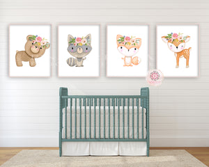 4 Boho Deer Fox Raccoon Bear Wall Art Print Woodland Baby Girl Nursery Floral Bedroom Set Lot Prints Printable Watercolor Decor