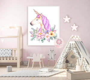 Purple Unicorn Face Wall Art Print Baby Girl Nursery Boho Watercolor Room Printable Decor