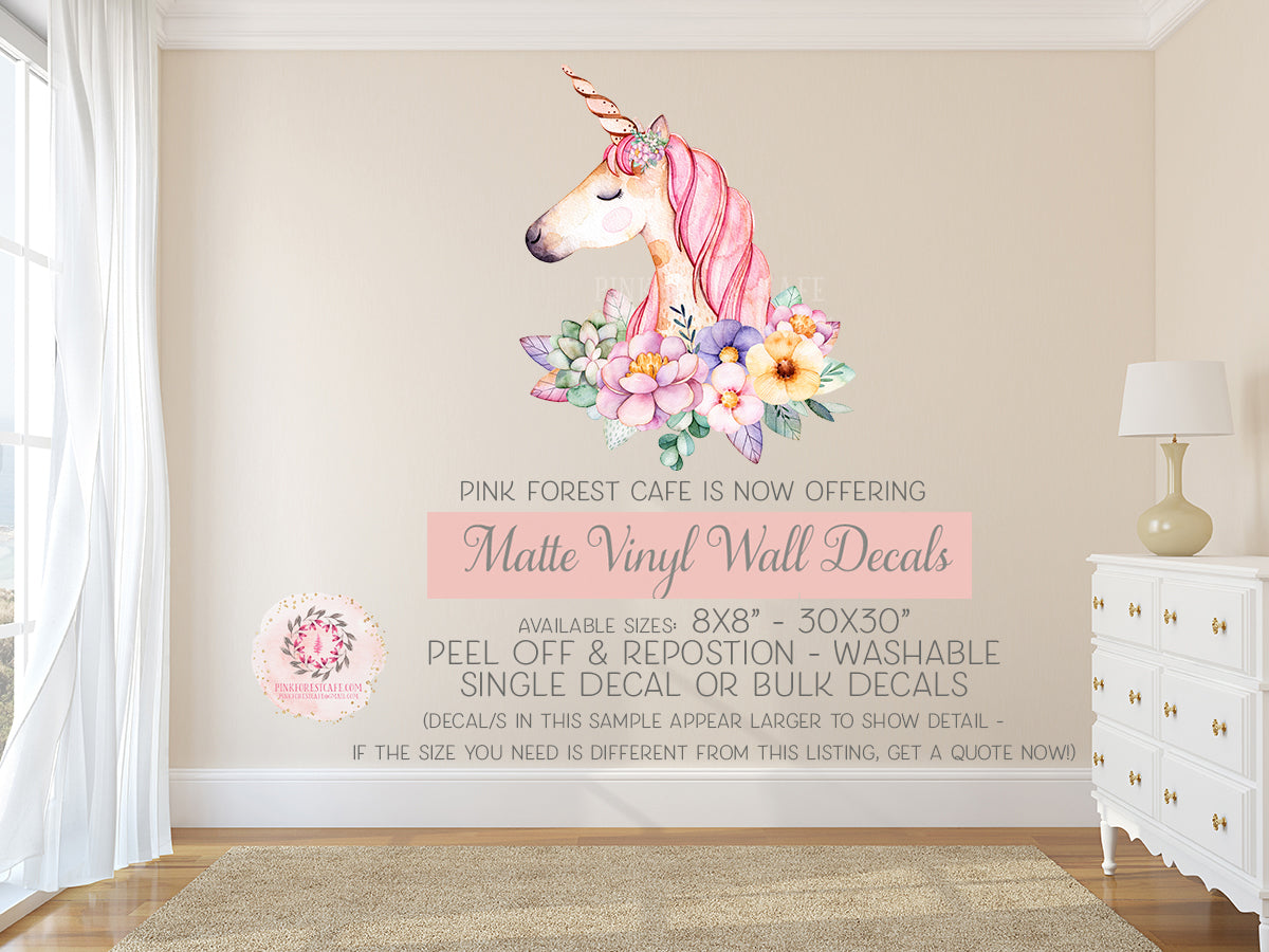 Boho Unicorn Watercolor Floral Wall Decal Sticker Matte Vinyl Baby Nur –  Pink Forest Cafe