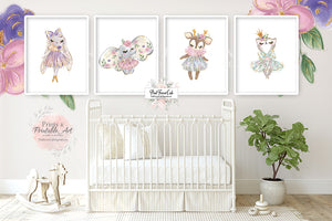 4 Boho Elephant Bunny Ballerinas Nursery Wall Art Print Ballet Dancers Baby Girl Whimsical Bohemian Floral Printable Prints Décor