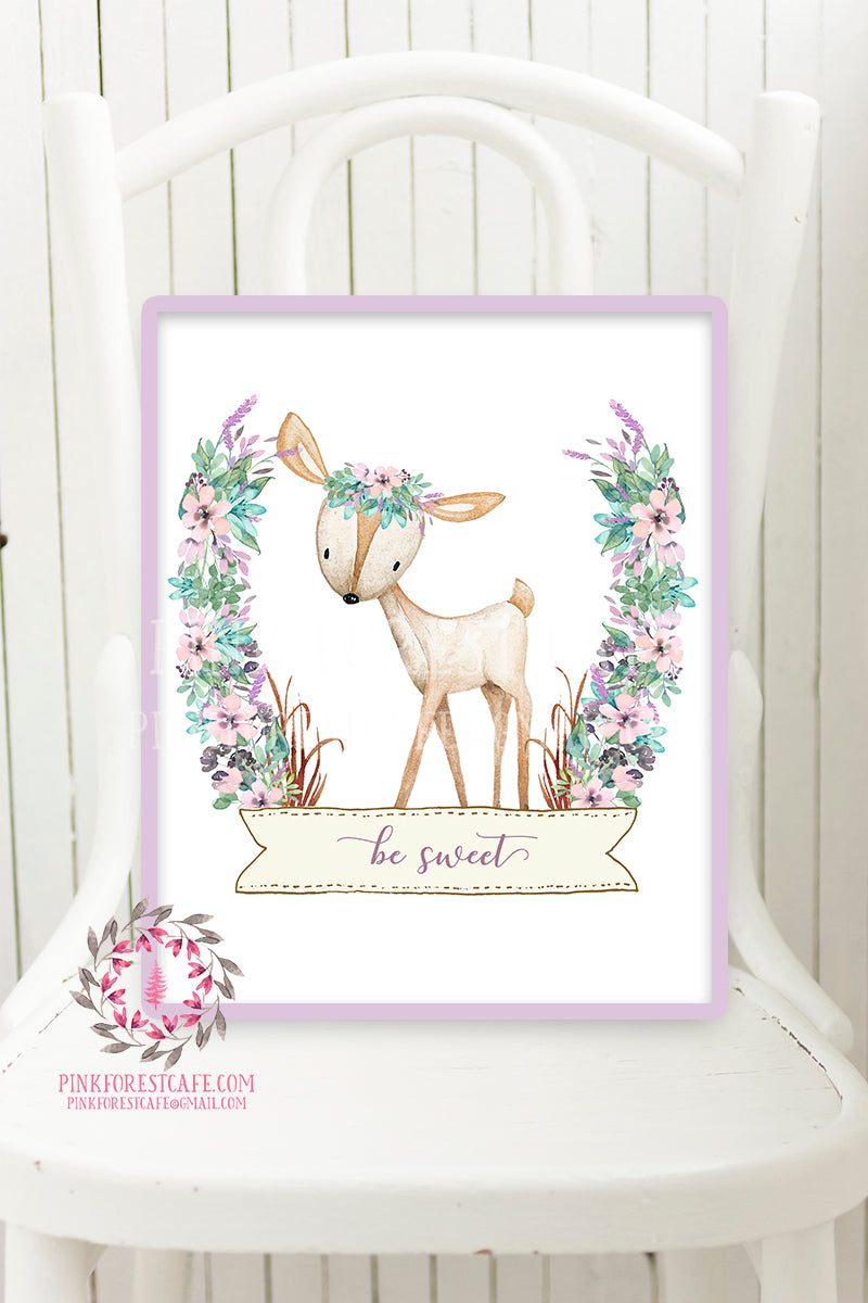 Boho Deer Woodland Nursery Printable Wall Art Print Purple Aqua Be Sweet Floral Baby Girl Room Decor