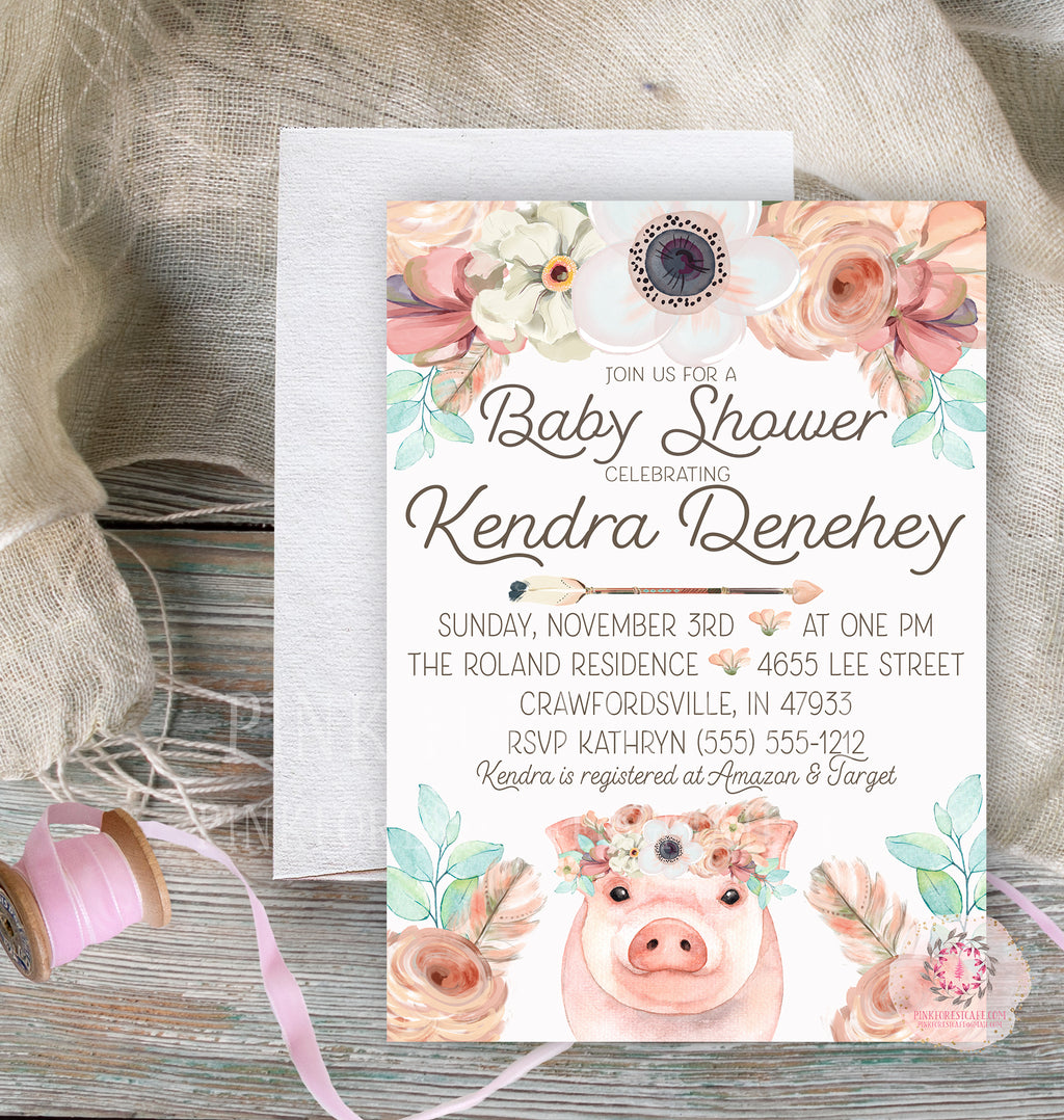 Boho Pig Invite Invitation Baby Shower Feather Floral Watercolor Farm Animal Birth Announcement Printable