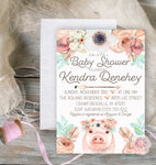 Boho Pig Invite Invitation Baby Shower Feather Floral Watercolor Farm Animal Birth Announcement Printable