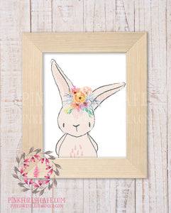 Bunny Rabbit Watercolor Illustration Floral Flower Wreath Baby Girl Woodland Printable Wall Art Nursery Home Decor