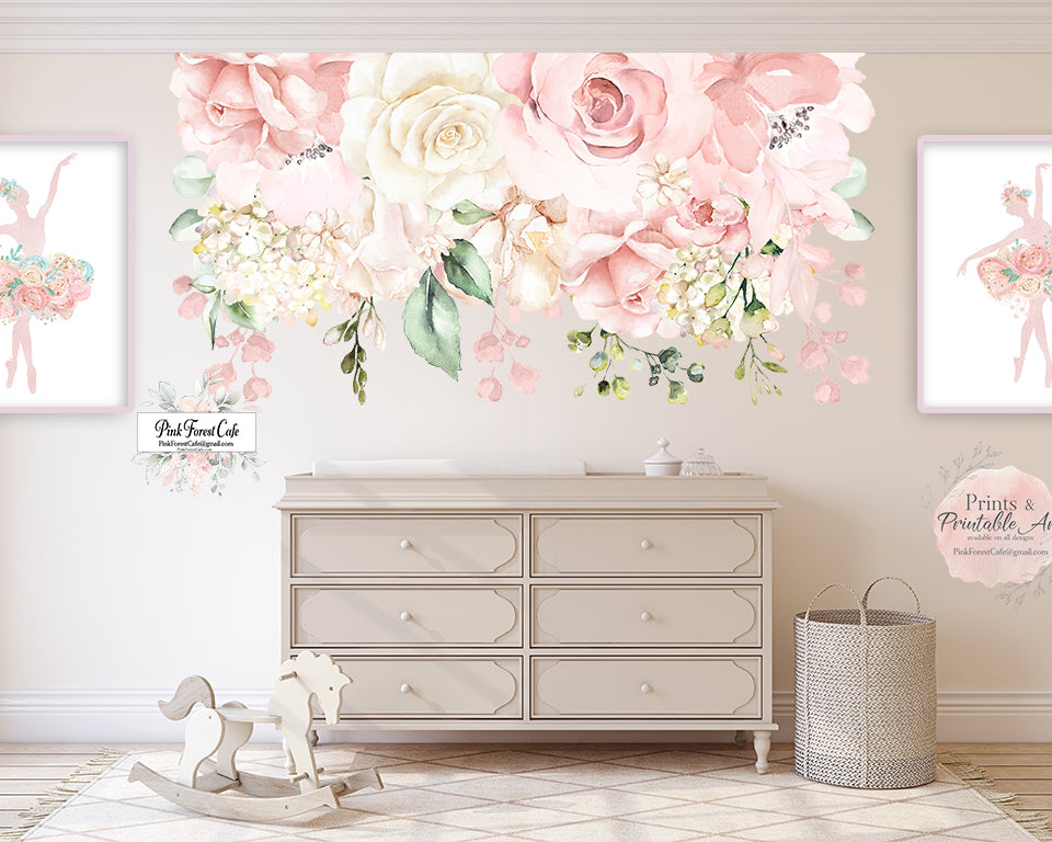 72" SALE Rose Peony Floral Wall Decal Flower Sticker Blush Pink Flowers Boho Decor