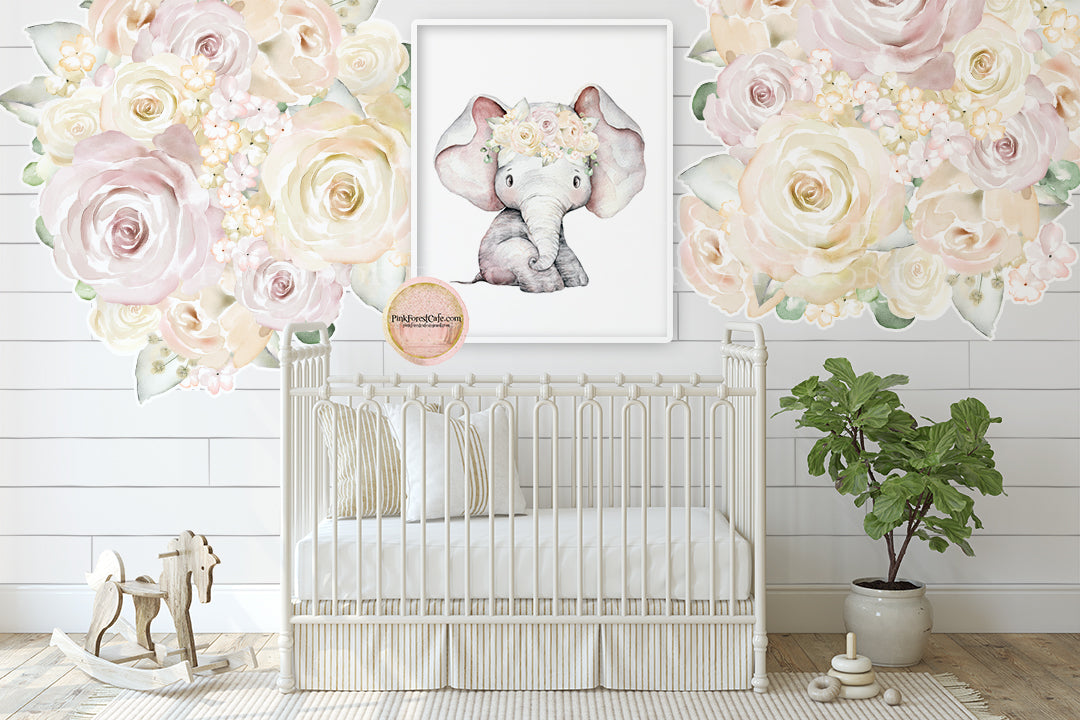 2 Peony Floral Blush White Wall Decal Sticker Peonies Flower Baby Girl Nursery Boho Decals Decor