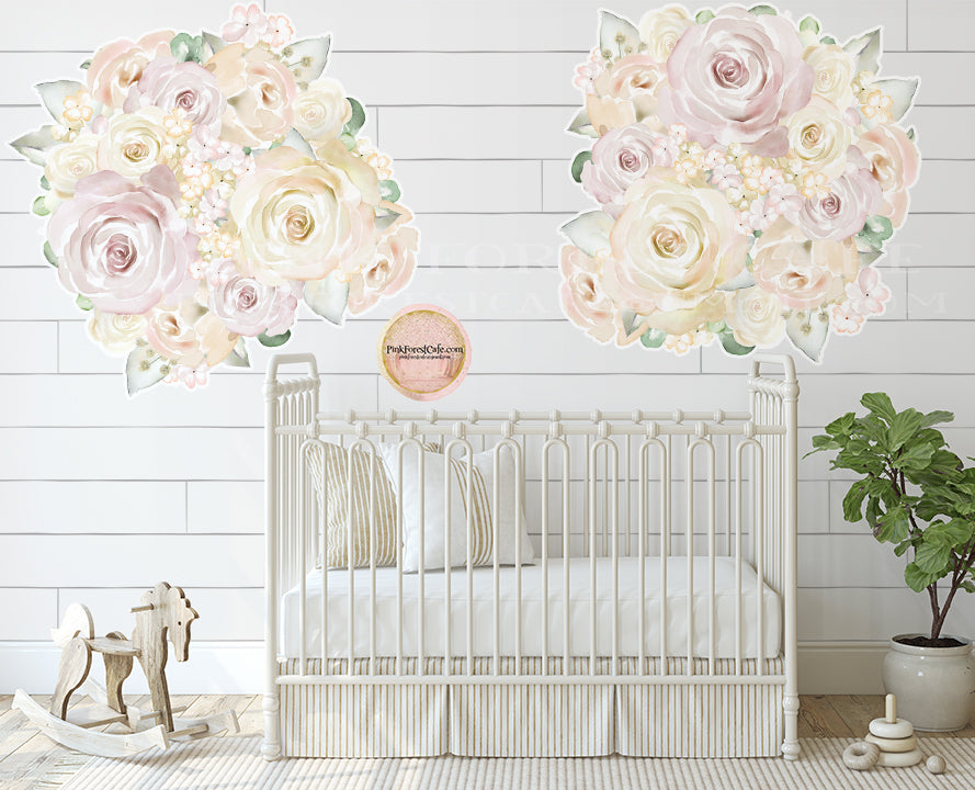 2 Peony Floral Blush White Wall Decal Sticker Peonies Flower Baby Girl Nursery Boho Decals Decor