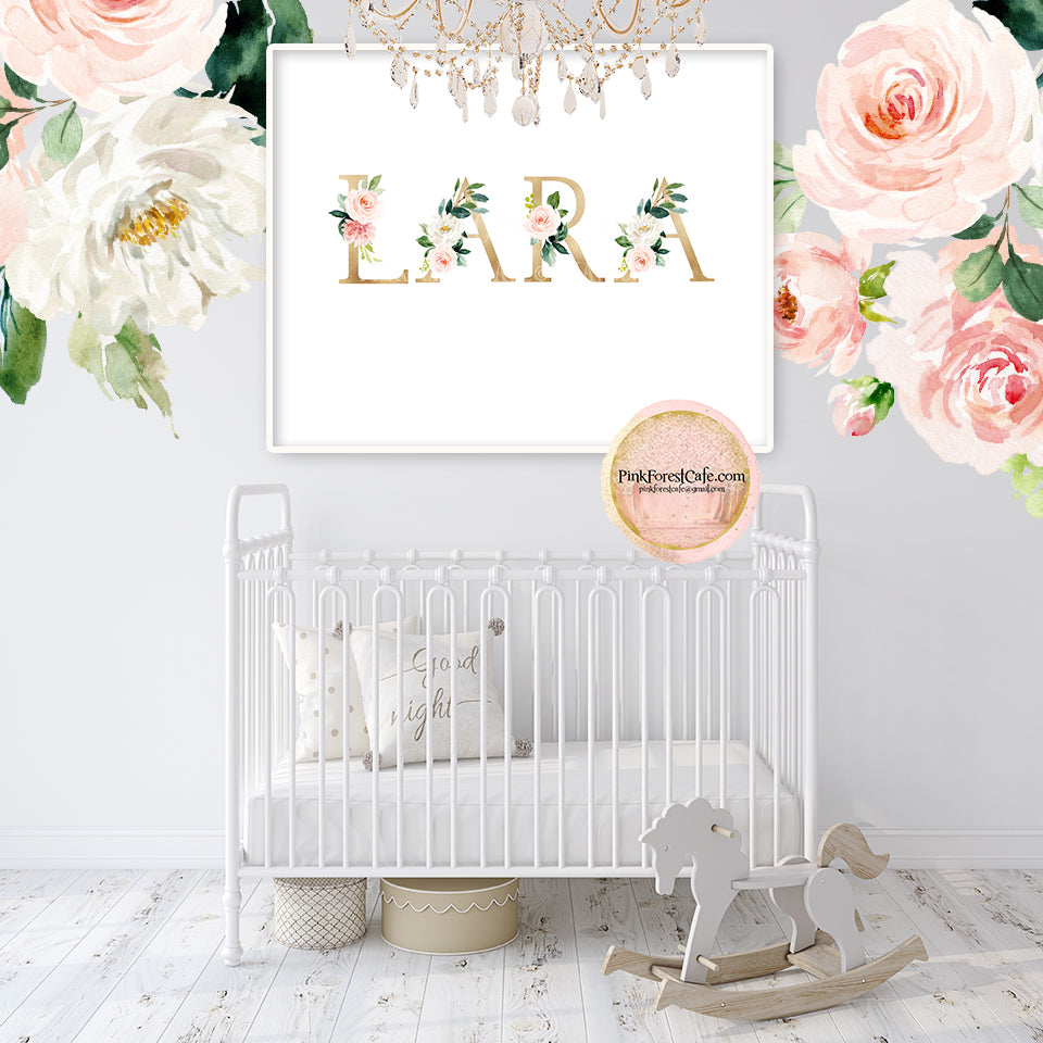 Baby Name Blush Gold Personalized Wall Art Print Nursery Floral Watercolor Printable Decor