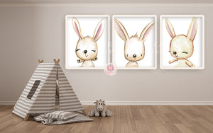 3 Bunny Rabbit Wall Art Print Woodland Nursery Baby Boy Girl Gender Neutral Room Watercolor Set Prints Printable Decor