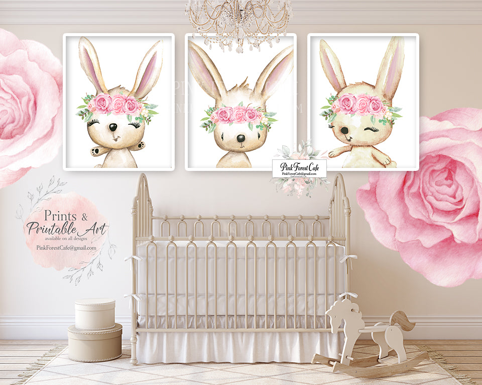 3 Bunny Rabbit Wall Art Print Woodland Nursery Baby Girl Room Watercol ...