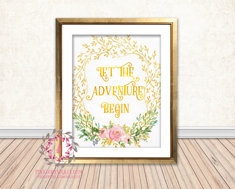 Let The Adventure Begin Gold Foil Boho Woodland Floral Nursery Baby Girl Room Printable Print Wall Decor
