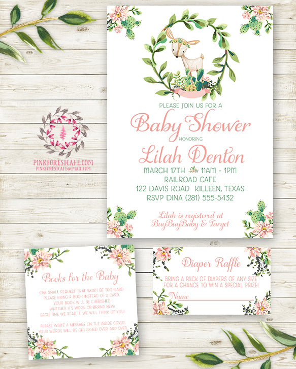 Cactus Succulent Woodland Deer Invite Invitation Baby Shower Diaper Raffle Book Cards Boho Floral Watercolor Birthday Party Printable