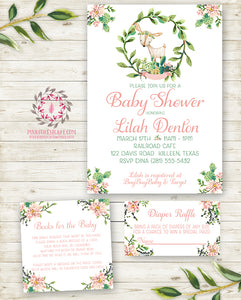 Cactus Succulent Woodland Deer Invite Invitation Baby Shower Diaper Raffle Book Cards Boho Floral Watercolor Birthday Party Printable