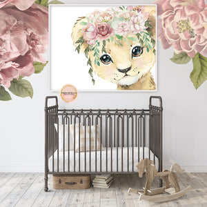 Boho Lion Wall Art Print Dusty Rose Mauve Nursery Baby Girl Zoo Animal Room Floral Bohemian Watercolor Printable Decor