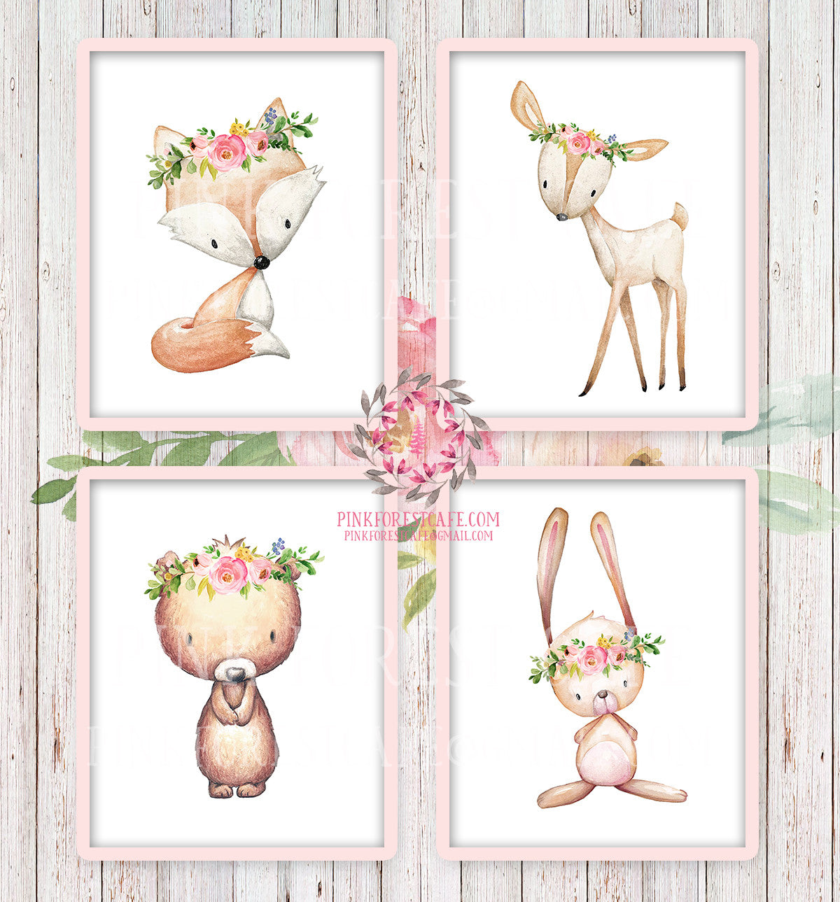4 Deer Fox Bunny Rabbit Bear Woodland Boho Bohemian Floral Nursery Baby Girl Room Set Lot Prints Printable Print Wall Art Home Decor